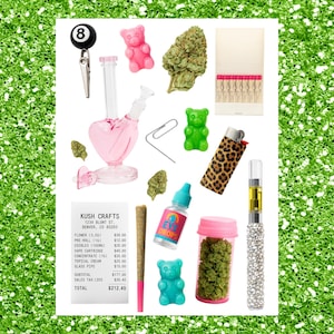 May include: A collection of cannabis-related items on a green glitter background. Items include a pink heart-shaped bong, gummy bears, a lighter with a leopard print, a vape pen, a receipt, and a pre-roll.