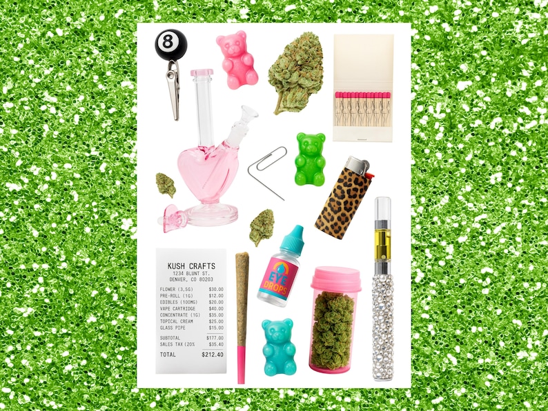 May include: A collection of cannabis-related items on a green glitter background. Items include a pink heart-shaped bong, gummy bears, a lighter with a leopard print, a vape pen, a receipt, and a pre-roll.