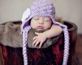 Crochet Pattern - Shabby Chic Shell Stitch Earflap Hat Sizes Newborn to Adult, Flower Pattern Included