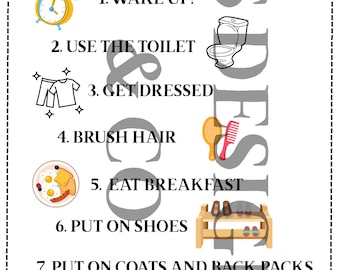 Puede incluir: Un póster colorido con el texto "LET'S GET READY FOR SCHOOL" y una lista de verificación de actividades matutinas. Incluye ilustraciones de un despertador, inodoro, ropa, cepillo para el pelo, desayuno, zapatos, mochila y abrigo.