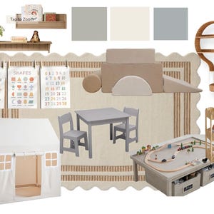 May include: A child's playroom with a white playhouse, a grey table and chairs, and a wooden train set. The room includes educational wall hangings, a rug, and a decorative shelf with books and toys. A hot air balloon-shaped shelf is also present.