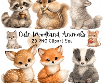 Woodland Baby Animals Clipart  PNG, Fox Raccoon Bunny Owl Deer Nursery Animals - commercial use