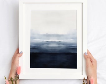 Watercolor abstract ocean landscape print, Printable blue ocean wall art, Downloadable blue ocean wall decor, watercolor art,Japandi art