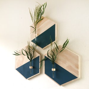 Op de afbeelding: Drie hexagonale houten wandplanken met een donkerblauwe en natuurlijke houten afwerking. Elke plank heeft een klein glazen buisje om groen in te bewaren.
