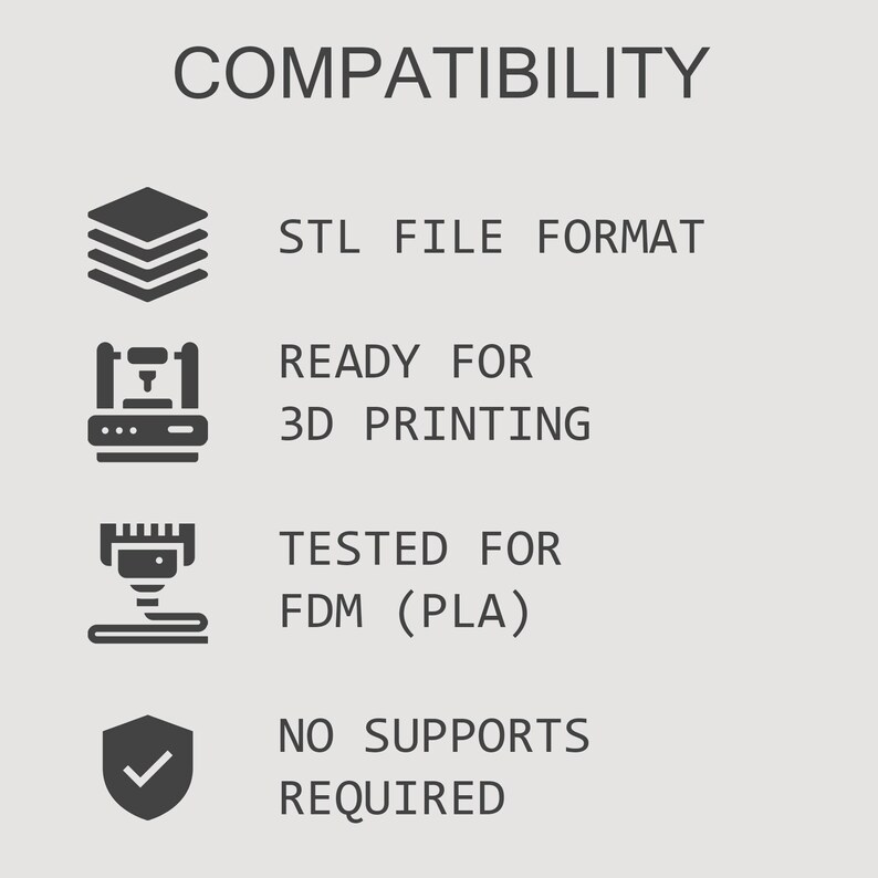 May include: Image with the word "COMPATIBILITY" at the top. Below are icons and text: "STL FILE FORMAT", "READY FOR 3D PRINTING", "TESTED FOR FDM (PLA)", and "NO SUPPORTS REQUIRED". The background is a light gray color.