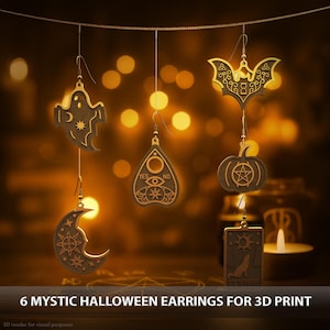 Peut inclure: Six boucles d'oreilles mystiques d'Halloween de couleur dorée, comprenant un fantôme, une chauve-souris, une citrouille, un croissant de lune, une planchette de Ouija et une carte de tarot. Conçues pour l'impression 3D. Le texte "YES NO" est visible sur une boucle.