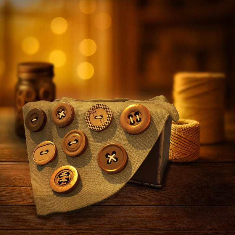 May include: A collection of various brown buttons with different designs, including cross and loop patterns, displayed on a gray fabric. A jar and a spool of twine are in the background, all on a wooden surface.