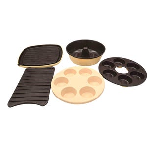 May include: A collection of kitchen bakeware including a square ridged grill pan, a rectangular ridged tray, a round bundt pan with a central tube, a round muffin tray with six circular indentations, and a dark brown circular insert with six holes.