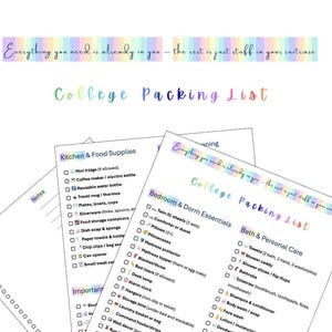 Puede incluir: Una lista de empaque para la universidad con secciones para la cocina, el dormitorio y los artículos de baño. La lista está en papel blanco con acentos de arcoíris pastel y el texto "Todo lo que necesitas ya está en ti - el resto son solo cosas en tu maleta."