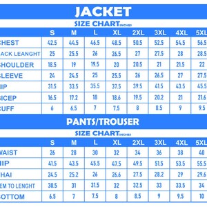 May include: A blue and white size chart for a jacket and pants/trouser set. The table lists measurements in inches for sizes S through 5XL, including chest, back length, shoulder, sleeve, hip, bicep, cuff, waist, thigh, hem to length, and bottom.