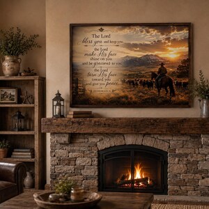 May include: A rectangular wall art print featuring a sunset landscape with a cowboy on horseback and a herd of cattle. The text reads: The Lord bless you and keep you; the Lord make His face shine on you and be gracious to you; the Lord turn His face toward you and give you peace.