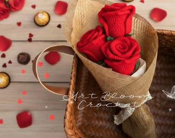 Handmade Crochet Rose Bouquet, Everlasting Cotton Flowers, Valentine's Day Gift