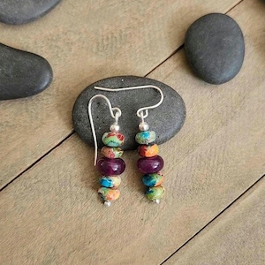 Colorful Stacked Bead Earrings | Boho Drop Dangle |  Sterling Silver | Rainbow Imperial Jasper Purple Quartz