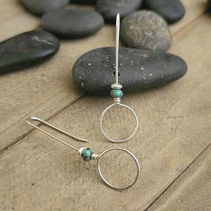 Minimalist Sterling Silver Drop Hoop Earrings with Turquoise Bead|Modern Wire Threader