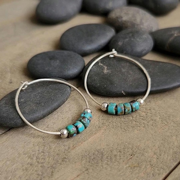 Turquoise and Sterling Silver Beaded Hoop Earrings|Boho Modern|Rustic