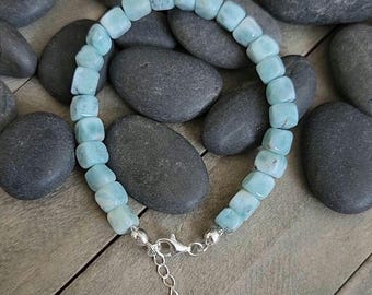 Natural Blue Larimar Bracelet|Sterling Silver Adjustable