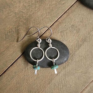 Tiny Turquoise and Sterling Silver Drop Hoop Earrings|Boho Modern Dangles