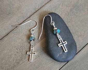 Sterling Silver Cross Dangle Earrings with Genuine Turquoise Beads