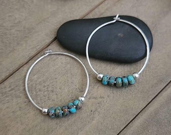 Sterling Silver and Turquoise Boho Hoop Earrings | Lightweight Everyday