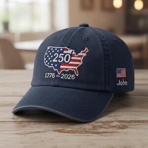 Gorra de béisbol bordada con el mapa de EE. UU. personalizado, 250.º aniversario patriótico (1776-2026), semiquincenario de Estados Unidos, regalo