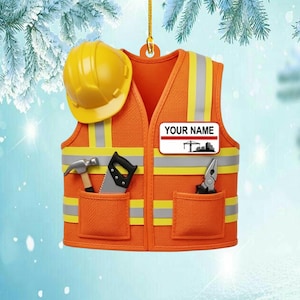 Personalized Construction Worker Christmas Ornament, Custom Name Safety Vest & Hard Hat Gift, Builder, Contractor, Foreman Decor