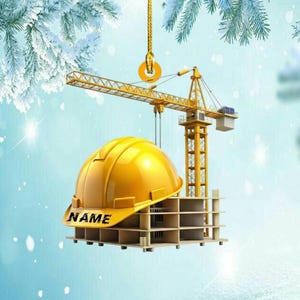 Personalized Construction Christmas Ornament, Custom Name Hard Hat & Crane Gift, Builder, Engineer, Contractor Decor