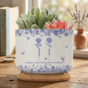 Personlig blomkruka med presentkort, Toile de Jouy keramisk kruka för bästa vän, det tar lång tid att bli en gammal vän