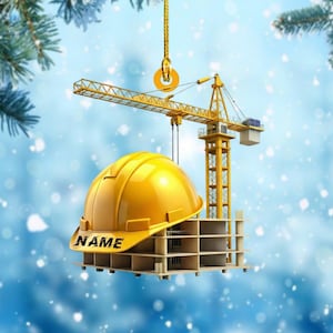 Personalized Construction Worker Ornament, Custom Hard Hat Christmas Decoration, Builder or Engineer Gift, Crane Ornament for Men