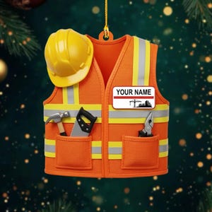 Personalized Construction Worker Ornament, Custom Safety Vest Christmas Decoration, Builder Gift for Him, Engineer Ornament with Name