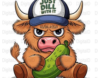 Arte digital "Just Dill With It", imagen divertida de una vaca con pepinillos, diseño de animal imprimible, clipart de una vaca de las Highlands, descarga de dibujos animados lindos