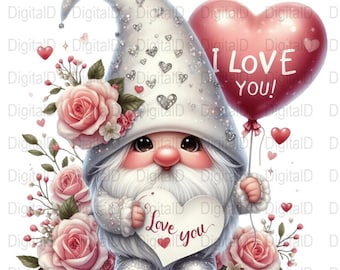 Valentine's Day Gnome PNG, Heart Balloon, Roses Art (Digital Download)