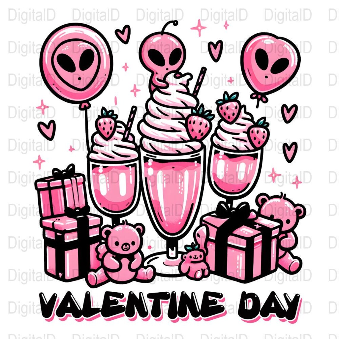 Valentine Alien Digital Art, Cute Pink Dessert Illustration, Teddy Bear ...
