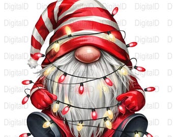 May include: A festive gnome illustration, featuring a red and white striped hat and suit, with a long white beard. The gnome is adorned with a string of red and yellow Christmas lights, creating a cheerful holiday design.