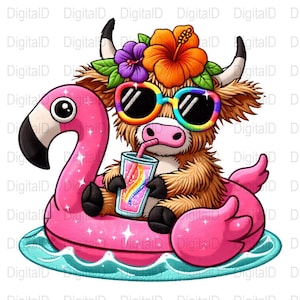 May include: A cartoon illustration of a Highland cow wearing rainbow sunglasses and a flower crown, floating on a pink flamingo pool float. The cow is drinking from a colorful beverage, with a blue water background.
