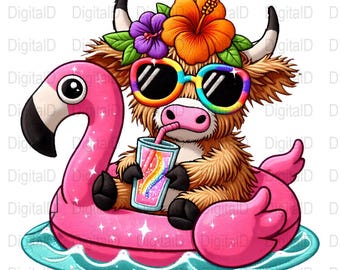 Highland Kuh Digitale Kunst, Sommer Vibes digitaler Download, Flamingo Float PNG, Regenbogen Digital bedruckbare, süße Tier, Tropische Kuh Kunst