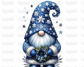 May include: A digital illustration of a blue gnome with a long white beard and a pointed hat adorned with white stars. The gnome wears a blue coat with white fur trim and holds a wreath of blue berries and greenery. The background is white.