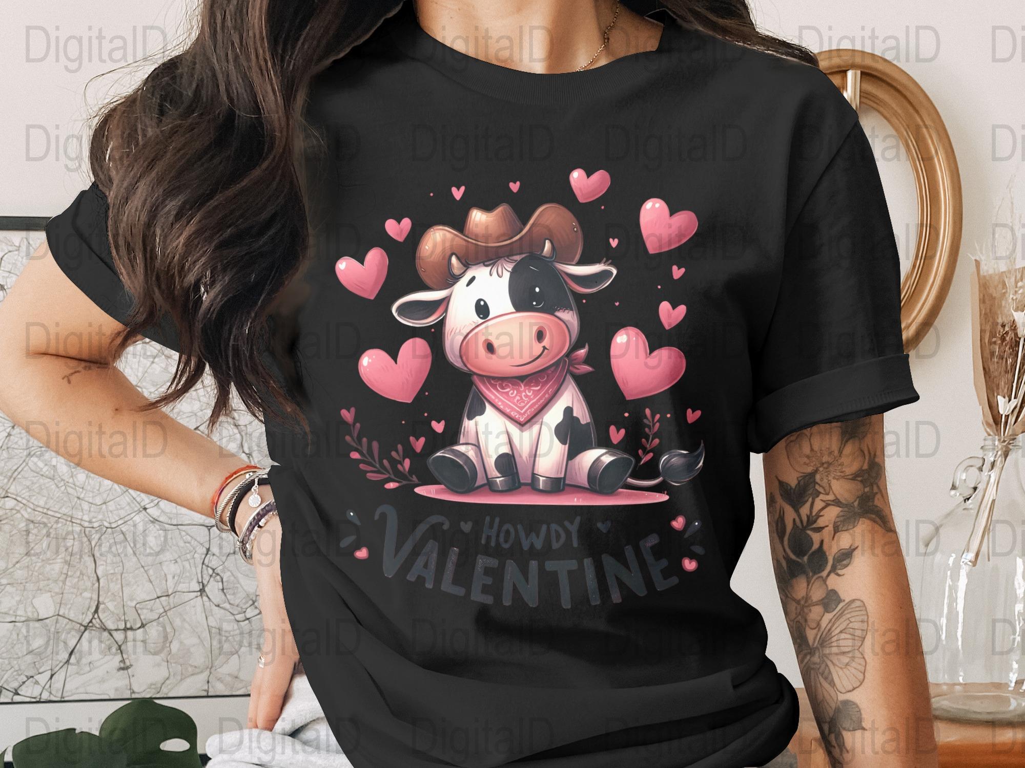 Howdy Valentine Digital, Cute Cow Valentine, Cowboy Cow Art, Hearts