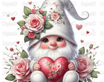 Valentine Gnom mit Herz und Rosen, Floral Clip Art (digitaler Download)