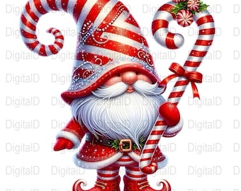 Weihnachten Gnom PNG, rote und weiße Zuckerstange, Urlaub Clipart (digitaler Download)