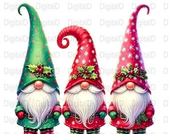 May include: Three Christmas gnomes with long white beards and pointed hats. The gnomes wear red, green, and pink hats decorated with snowflakes and holly. Their outfits are red and green, with matching shoes and gloves.