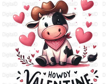Howdy Valentine Digital, Kuh Valentine, Cowboy Kuh Kunst, Herzen digitaler Download, druckbare Valentinskarte, einzigartiges Geschenk zum Valentinstag