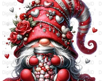 Valentine Gnome PNG, rote Hut Herzen, Süßigkeiten Glas Kunst (Digitaler Download)