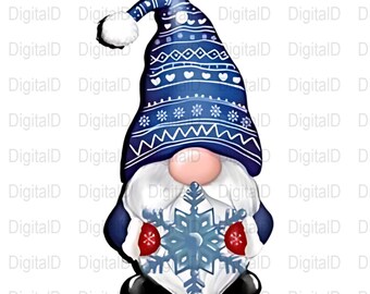May include: A whimsical gnome illustration with a blue hat adorned with white patterns and a fluffy white pom-pom. The gnome has a long white beard, a pink nose, and holds a blue snowflake. The gnome wears red mittens and black shoes.