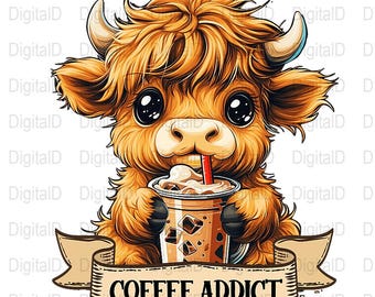 Coffee Addict Highland Kuh Digital Art, niedlichen Tierdruck, Kaffee Liebhaber Geschenk, Bauernhaus Dekor, Sofort Download