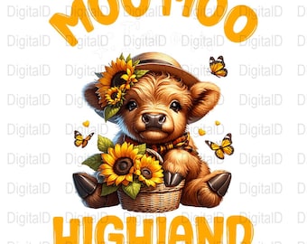 Highland Cow Digital Art, Cute Cow With Sunflowers, Adorable Moo Moo Cow Illustration, Nursery Decor, Digital Download Printable Art