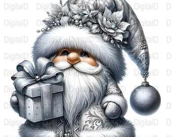 Silber Weihnachtsmann Gnom PNG, Weihnachtscliparts (digitaler Download)