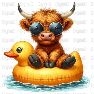 May include: A whimsical illustration of a Highland cow wearing sunglasses, floating in a yellow inflatable duck ring. The cow has brown fur, black hooves, and curved horns. The background shows blue water.