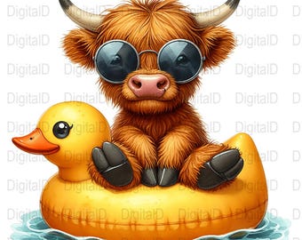 Coole Highland Kuh Digitale Kunst, Ente Pool Float PNG, Sonnenbrille Kuh Druck, Sommer Vibes Design, lustiges Tier-Download, Wandkunst Digital