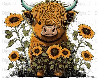 かわいいハイランド牛のデジタルアート、ひまわりの牛のプリント、農場の動物のイラスト、デジタルダウンロード、子供部屋の装飾、気まぐれな牛のアート