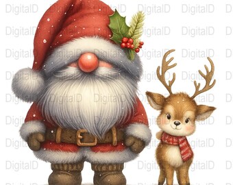 Aquarell Weihnachtszwerg und Hirsch Clipart, PNG-Datei (digitaler Download)